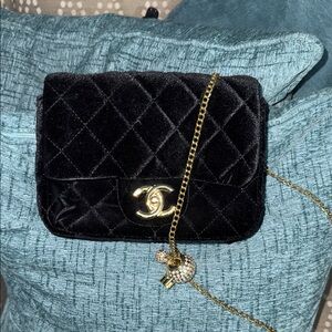 Quilted Black Velvet Crossbody Bag